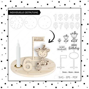 Laserdatei Geburtstagsteller SVG PDF EPS Geburtstag Giraffe Kerzenteller Laser Cut Datei Digitaler Download v598