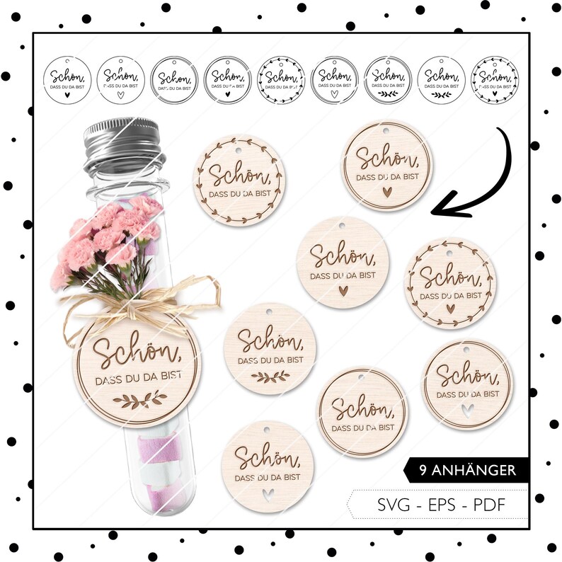 May include: Nine round wooden tags with the text "Schon, dass du da bist" in brown lettering. The tags are decorated with a simple floral design and a small heart. The tags are perfect for adding a personal touch to gifts or favors.