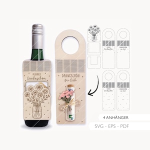Etiqueta de botella con archivo láser, agradecimiento, SVG, EPS, PDF, regalo en efectivo, flores, envoltura de regalos, cupón, corte láser, descarga digital 823