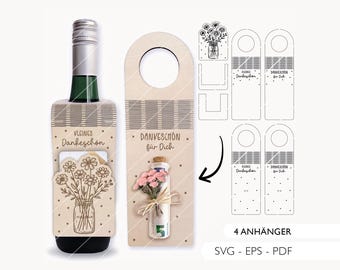 Laser file bottle tag thank you SVG EPS PDF cash gift flowers gift wrapping voucher laser cut digital download 823