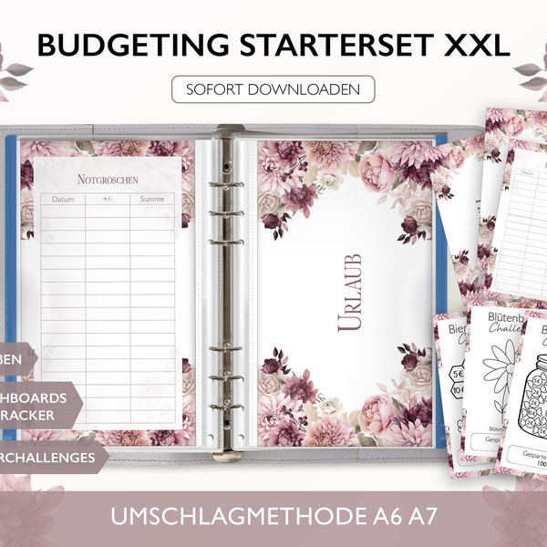 Starterset Budgetieren XXL STARTER SET - A6 A7 Umschlagmethode Budget Binder Download Challenges Budget Tracker Dashboards Deckblatt Pdf v5