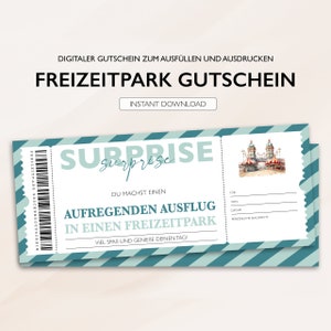 Gepersonaliseerde voucher pretparkticket PDF download pretparkexcursie bewerkbare vouchers voor afdrukken en invullen v1