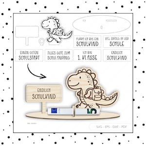Archivo láser de regreso a la escuela dinosaurio dinero regalo SVG EPS DXF escuela niño inscripción titular de dinero titular de billetes Laser Cut Digital Descargar