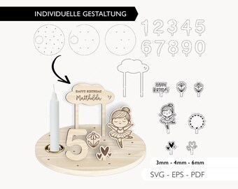 Laser file birthday plate SVG EPS PDF birthday girl ballerina candle plate laser cut digital download v288