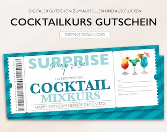 Personalisierter Gutschein Cocktail Ticket PDF Download Cocktail Kurs Bearbeitbare Gutscheine Zum Ausdrucken Zum Ausfüllen