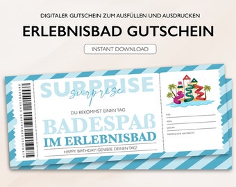 Personalisierter Gutschein Erlebnisbad Ticket PDF Download Schwimmhalle Baden Bearbeitbare Gutscheine Zum Ausdrucken Und Zum Ausfüllen