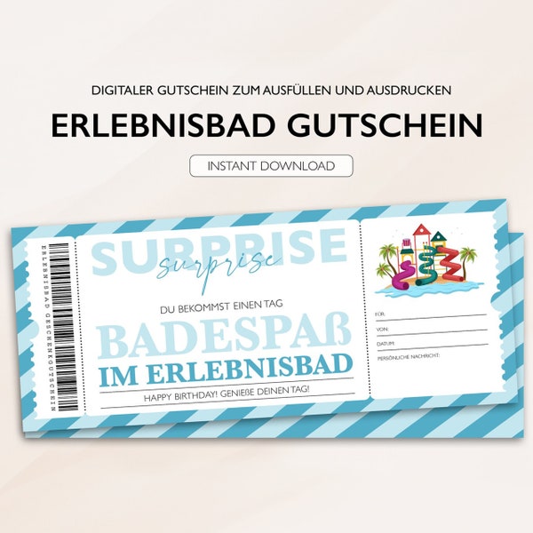 Personalisierter Gutschein Erlebnisbad Ticket PDF Download Schwimmhalle Baden Bearbeitbare Gutscheine Zum Ausdrucken Und Zum Ausfüllen