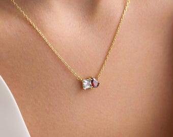 14k Gold Two Birthstone Necklace • 925k Sterling Silver Toi Et Moi Necklace •
