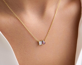 Two Birthstone Necklace • Toi Et Moi Necklace • Dainty Couples Necklace  •