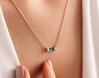 Silver May Birthstone Necklace • Emerald Necklace •