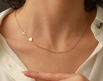 Sideways Dainty Heart Choker Custom Dainty Off Centered Initial Heart Necklace Caitlyn Minimalist