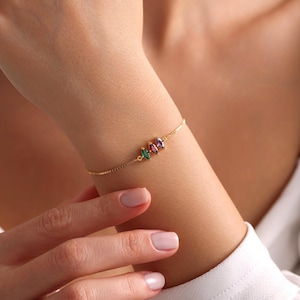 Birth Stone Bracelet • Family Birthstone Bracelet with Box Chain • Personalized Christmas Bracelet  •