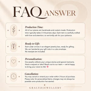 May include: A graphic with the text "FAQ ANSWER" and information about production time, ready to gift options, personalization, and cancellation policies. The brand name "GRACEDJEWELLERY" is at the bottom.