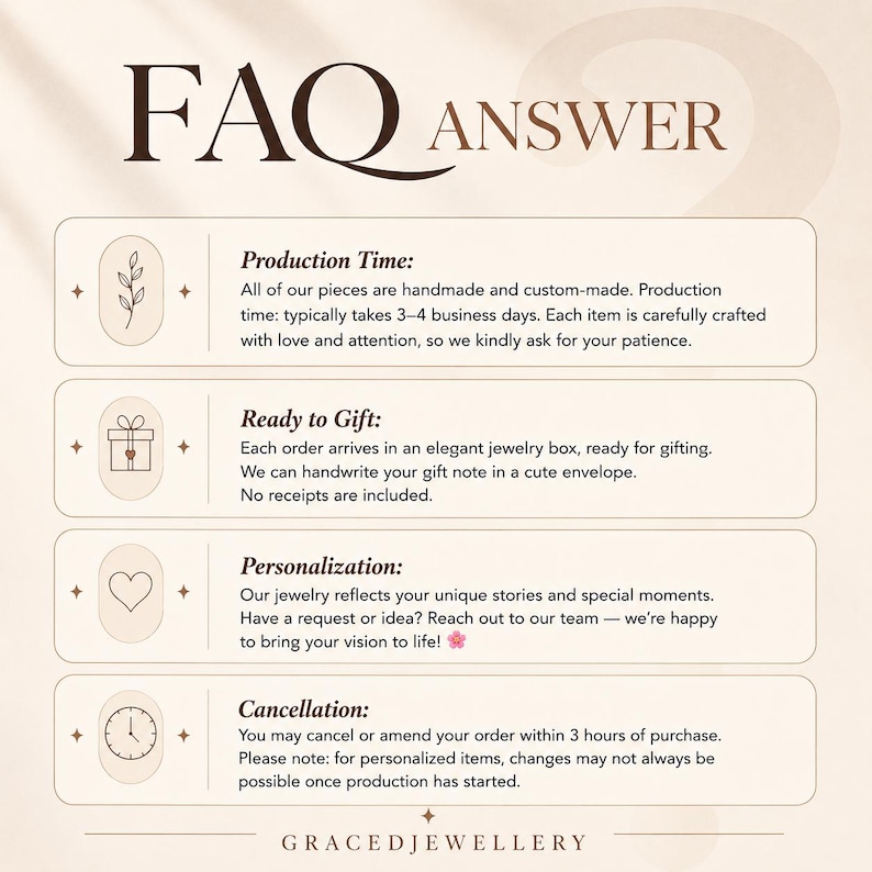 May include: A graphic with the text "FAQ ANSWER" and information about production time, ready to gift options, personalization, and cancellation policies. The brand name "GRACEDJEWELLERY" is at the bottom.