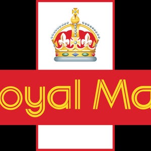 Könnte beinhalten: Ein rot-schwarzes Logo mit den Worten "Royal Mail" in Gelb, umrandet von Schwarz. Über dem Text befindet sich eine goldene Krone mit roten Edelsteinen.