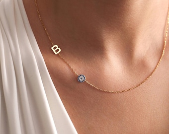 Sterling Silber Evil Eye Initial Halskette • Personalisierte Schutz Halskette • Erster Muttertag • Mom Halskette •