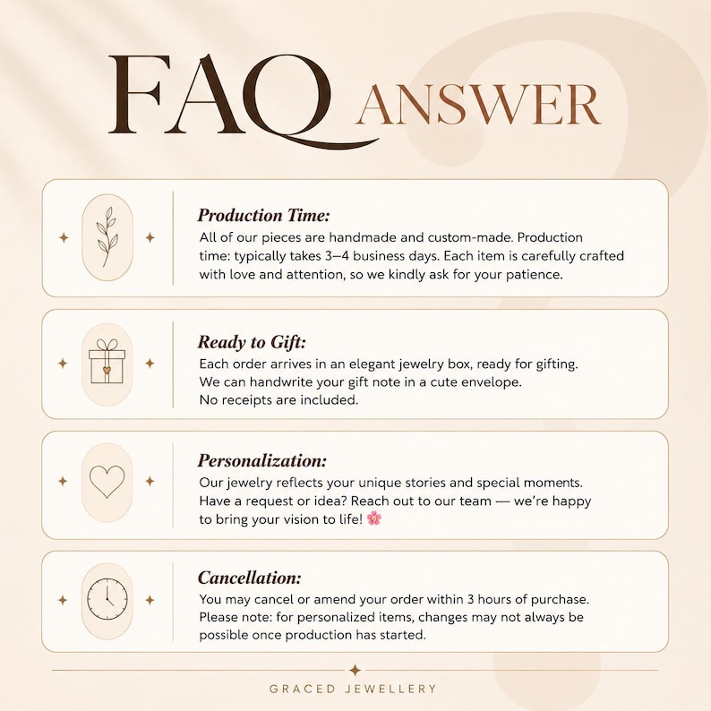 K&ouml;nnte beinhalten: Beige Grafik mit dem Text &bdquo;FAQ ANSWER&ldquo; oben. Die Grafik enth&auml;lt Informationen zu Produktionszeit, Geschenkoptionen, Personalisierung und Stornierungsbedingungen. Der Markenname &bdquo;GRACED JEWELLERY&ldquo; steht unten.