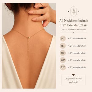 May include: A gold necklace with an extender chain is shown against a person's back. The image includes text stating that all necklaces include a 2-inch extender chain. Necklace lengths are listed from 14 inches to 22 inches.