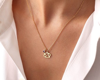 Sterling Silver Zodiac Necklace • Constellation & Birthstone •  Dainty Birthday Necklace