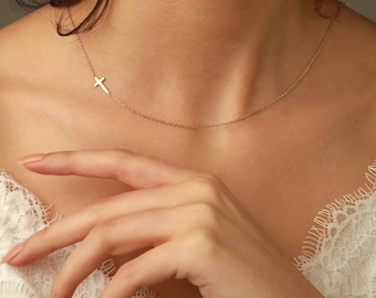 Dainty Cross Necklace • Gold Cross Necklace • Sideways Cross Necklace  •