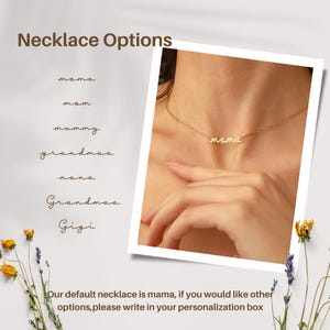 May include: A gold-toned necklace featuring a delicate chain and a script-style pendant that reads mama. The image includes the text Necklace Options and a list of alternative word choices including mom, mummy, grandmaa, nana, Grandmaa, and Gigi.