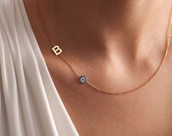 Evil Eye Necklace • Protection Necklace • Sideways Initial Necklace • Gold Evil Eye Necklace •