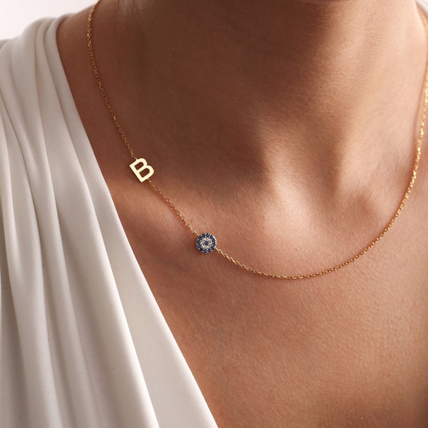 Evil Eye Necklace • Protection Necklace • Sideways Initial Necklace • Gold Evil Eye Necklace •