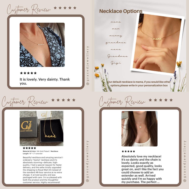 May include: A gold-colored necklace featuring a cursive script pendant that reads mama. The jewelry is displayed in various lifestyle shots, including a close-up on a neck, and comes in a black box with the gold logo GJ printed on the lid.