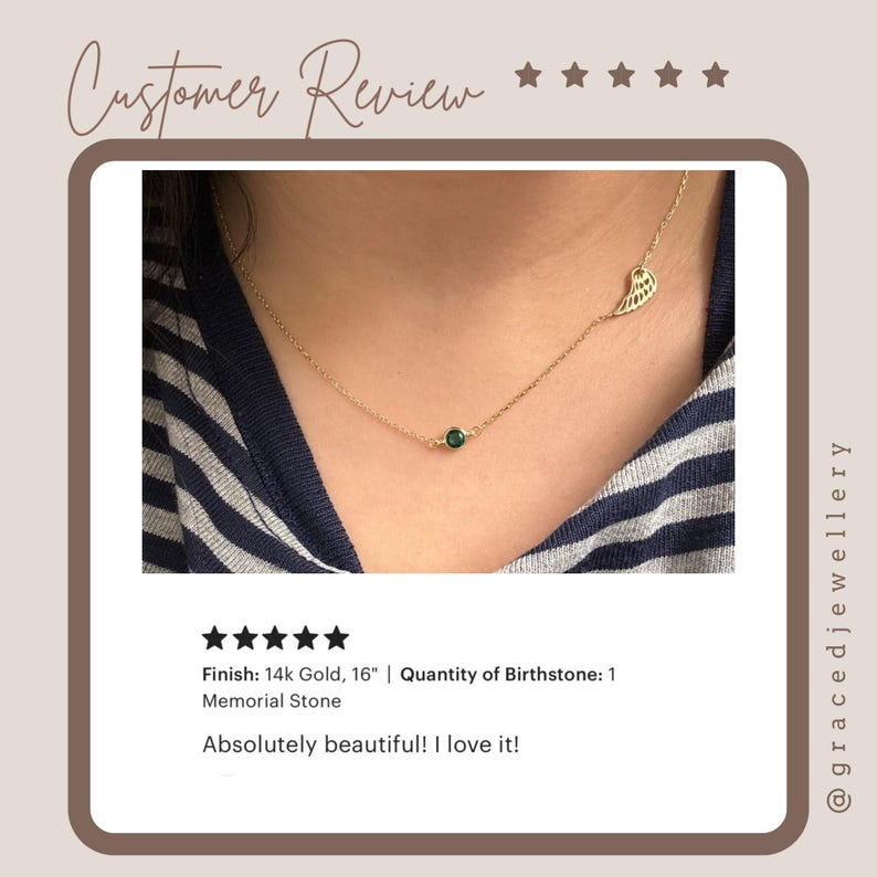 May include: A delicate gold necklace featuring a small, round, dark green gemstone pendant and a wing charm. The necklace is 16 inches long and is displayed on a person. The text "Customer Review" is at the top.