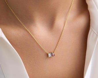 Two Birthstone Necklace • Toi Et Moi Necklace • Dainty Couples Necklace  •
