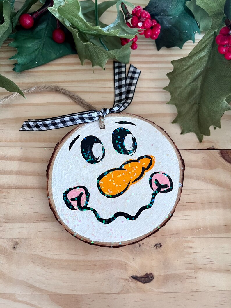 Hand Painted Snowman Wood Slice Christmas Ornaments, Glitter Set - Etsy