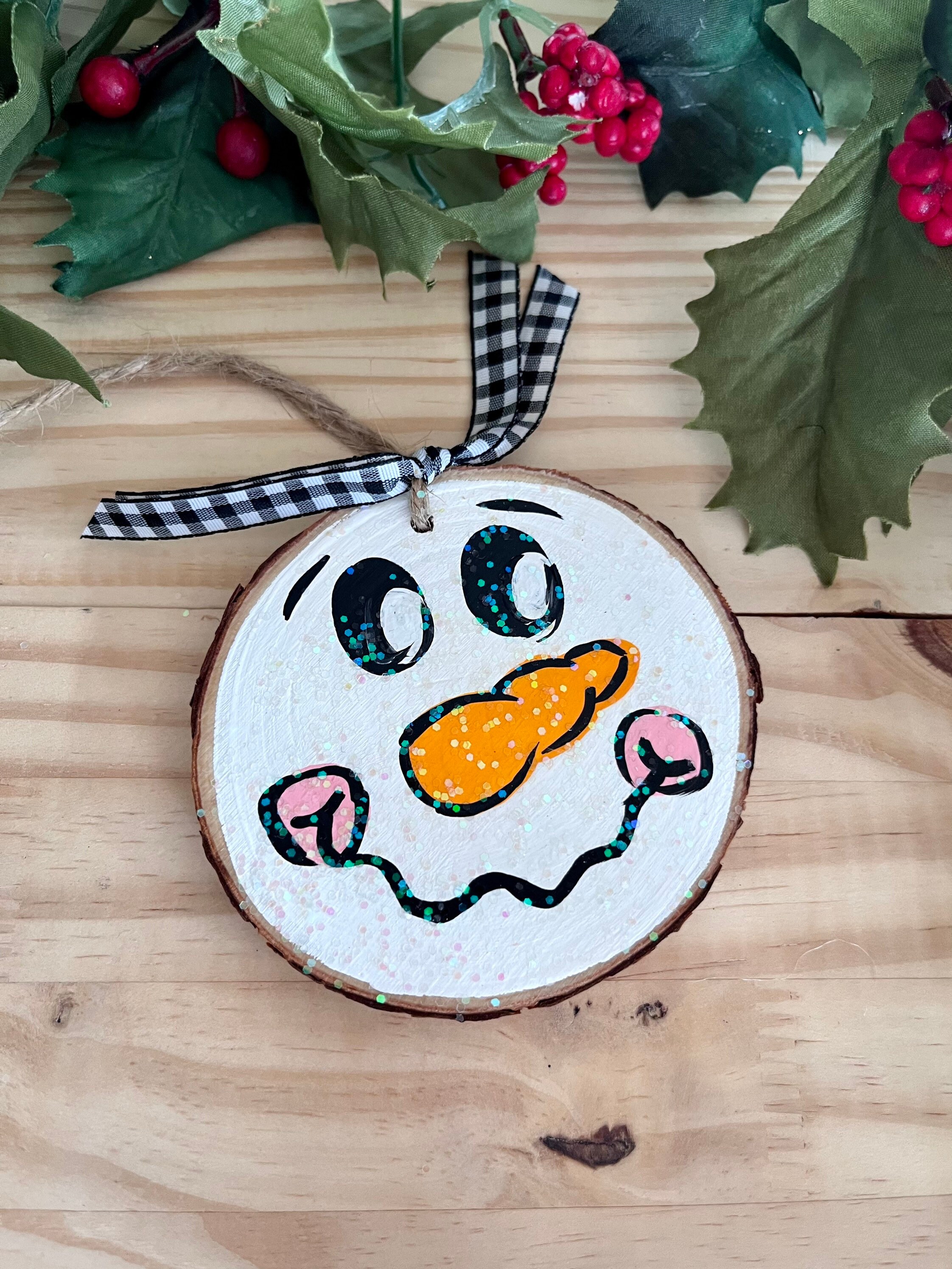 Hand Painted Snowman Wood Slice Christmas Ornaments, Glitter Set - Etsy