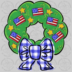 May include: A green wreath adorned with American flags and gold stars, featuring a large blue and white gingham bow. The text around the wreath reads "HANDMADE TEXAS DESIGNS BY MARYSUE TATE".