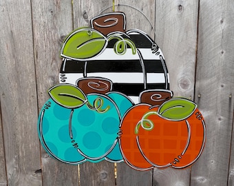 Fall door hanger, pumpkin door hanger, whimsical pumpkin door hanger, funky pumpkin door hanger, autumn door hanger, wood door hanger