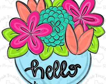 May include: A blue and white ceramic planter with the word "hello" written in black. The planter is filled with pink, green, and turquoise flowers.