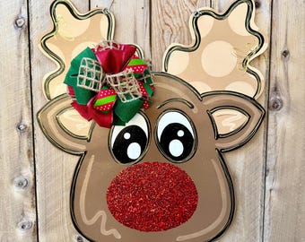 Christmas door hanger, Rudolph door hanger, whimsical Christmas door hanger, reindeer Christmas, red nose reindeer door hanger