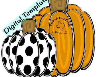 May include: Two pumpkins, one with black polka dots on a white background and the other a solid orange. The orange pumpkin has a sticker that says "Handmade Texas Designs by MarySue Tate".