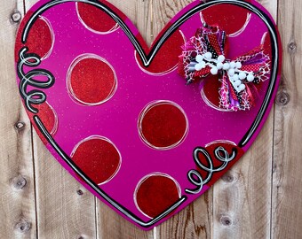 Whimsical Valentine's Heart Door Hanger, Polka Dot Wood Decor