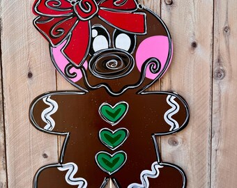 Christmas door hanger, gingerbread girl door hanger, whimsical Christmas gingerbread girl sign, traditional Christmas, wood door hanger