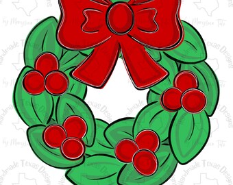 Puede incluir: Una corona de Navidad verde con bayas rojas y un gran lazo rojo. La corona está decorada con hojas y bayas de acebo.