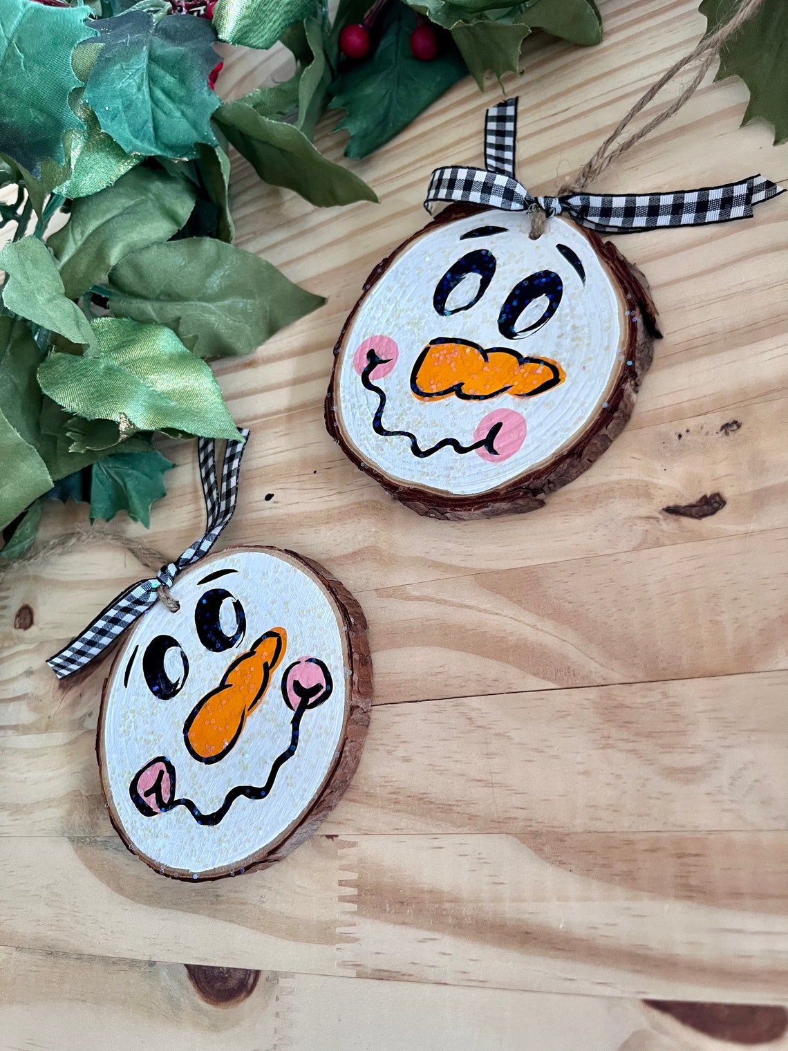 Hand Painted Snowman Wood Slice Christmas Ornaments, Glitter Set - Etsy