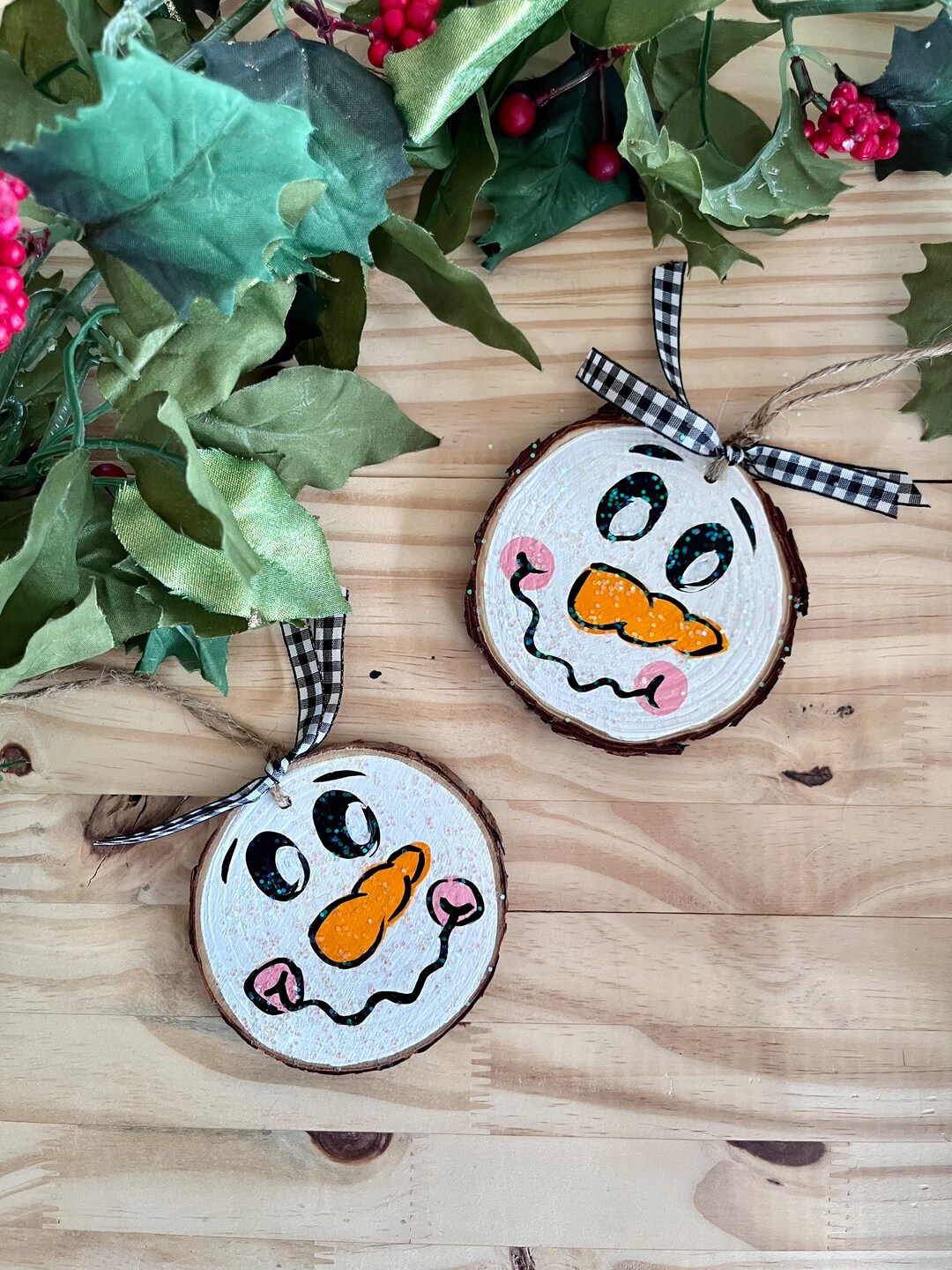 Hand Painted Snowman Wood Slice Christmas Ornaments, Glitter Set - Etsy
