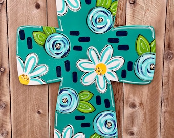 Floral Cross Door Hanger, Hand-Painted Wood, Spring Easter Decor