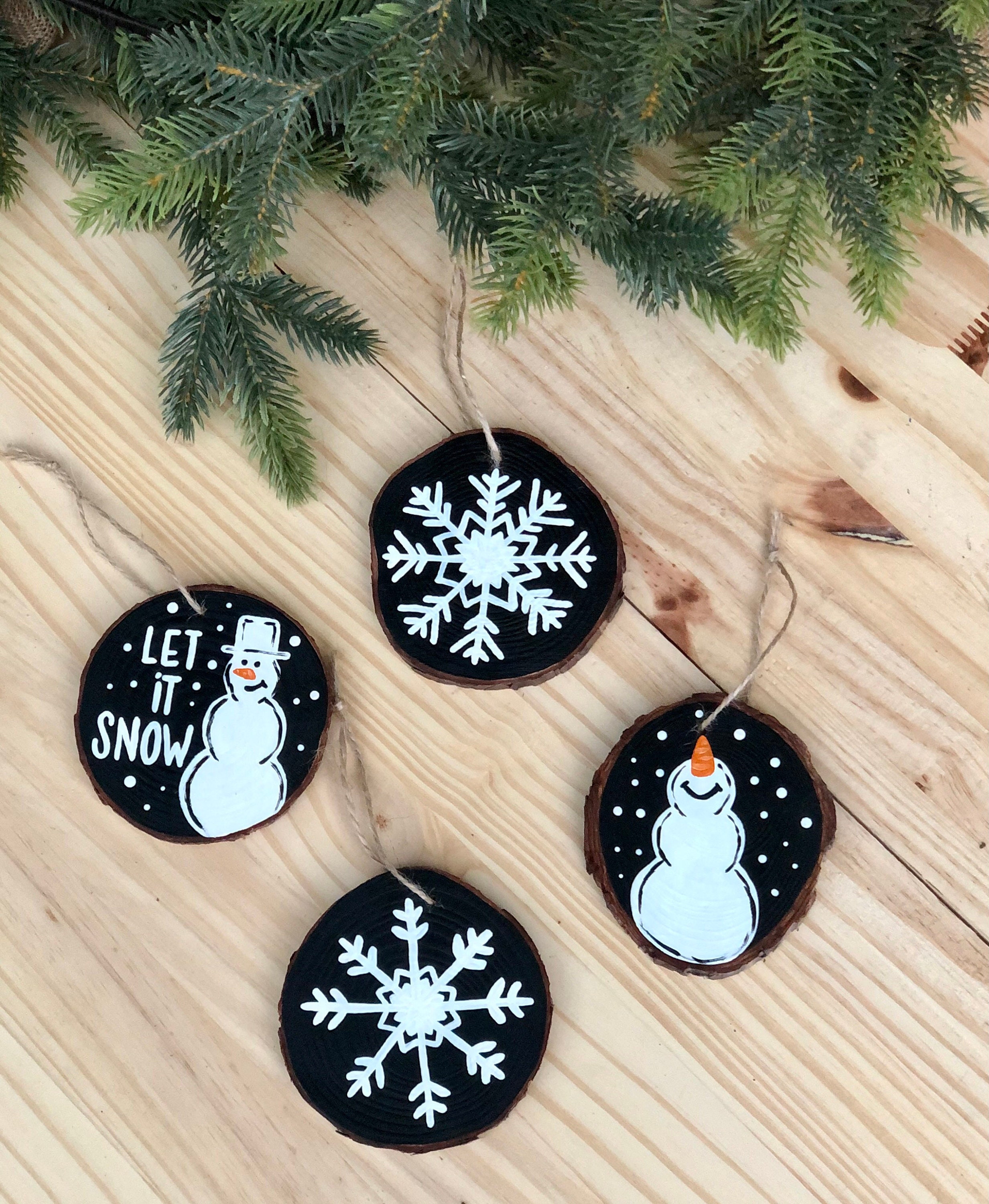Christmas ornaments, hand painted ornaments, wood slice ornament, wood ornament, snowman ornament, set of ornaments, Rustic ornaments