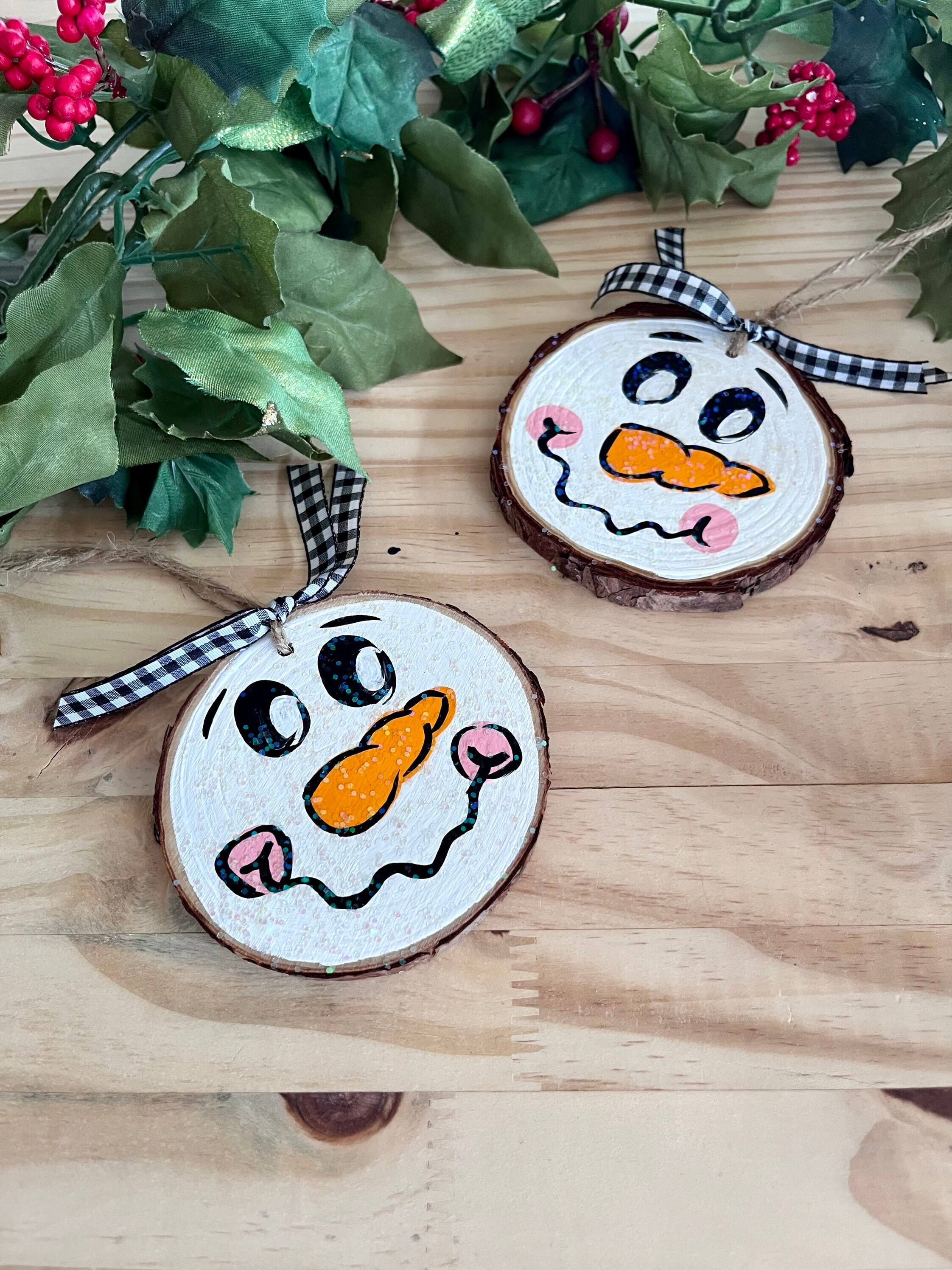 Hand Painted Snowman Wood Slice Christmas Ornaments, Glitter Set - Etsy
