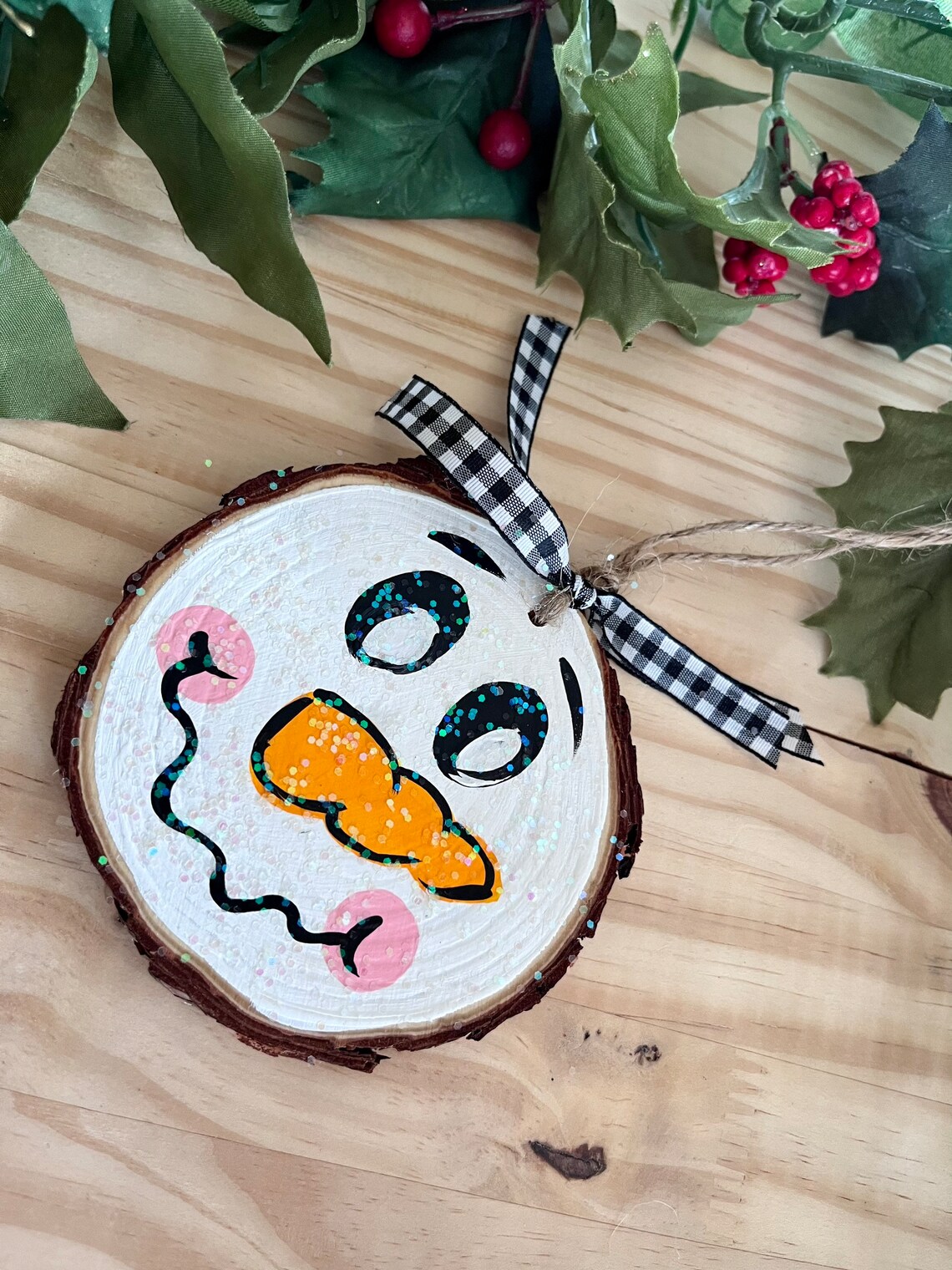 Hand Painted Snowman Wood Slice Christmas Ornaments, Glitter Set - Etsy