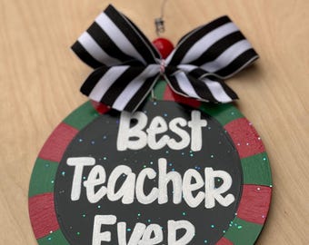 Christmas ornaments, hand painted wood ornament, personalized teacher ornament, Christmas gift for teacher, oversized ornament, teacher gift