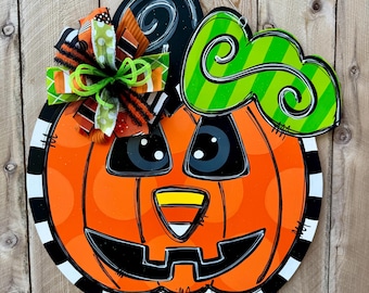 Jack-o-lantern door hanger, Fall door hanger, Halloween door hanger, whimsical and funky door hanger, autumn door hanger, wood door hanger
