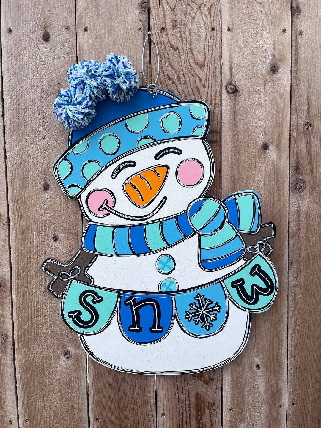 Glitter Snowman Door Hanger With Pom Poms, Winter Decor - Etsy