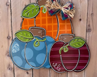 Fall door hanger, pumpkin door hanger, whimsical pumpkin door hanger, funky pumpkin door hanger, autumn door hanger, wood door hanger